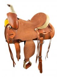 16" Medium Oil Hard Seat Roper Style saddle with rough out fenders & jockeys with basket stamp tooling